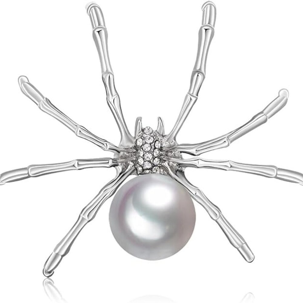 Silver Spider Pin Brooch Faux White Pearl Goth Halloween Rhinestone BLING